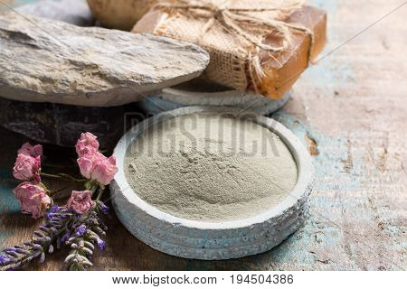 Nature cosmetics handmade preparation with essential oils and ancient minerals of creams soaps skincare masks scrubs from fresh and dried lavender and roses flowers green clay powder