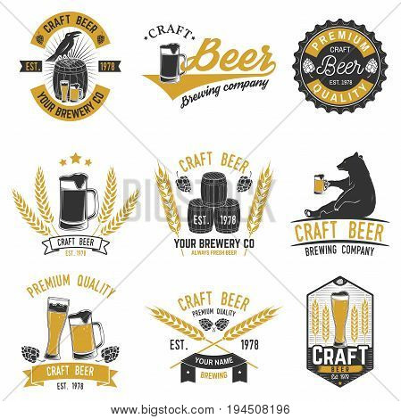 Set of Craft Beer badges with hops, raven and bear. Vector illustration. Vintage design for bar, pub and restaurant business. Coaster for beer.