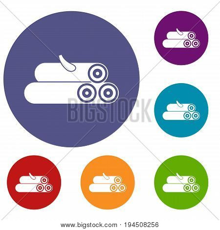 Wooden logs icons set in flat circle reb, blue and green color for web