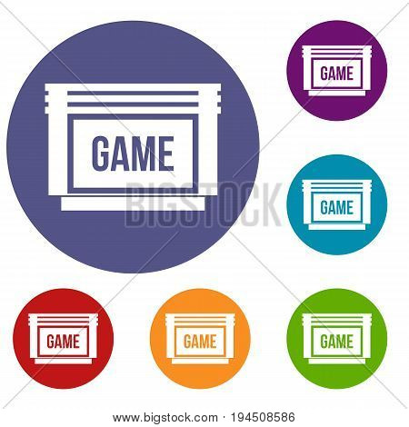 Game cartridge icons set in flat circle reb, blue and green color for web