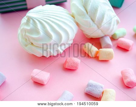 Colorful Mini Marshmallows Background, Close-up Texture. A Pile Of Different Mini White, Pink And Or