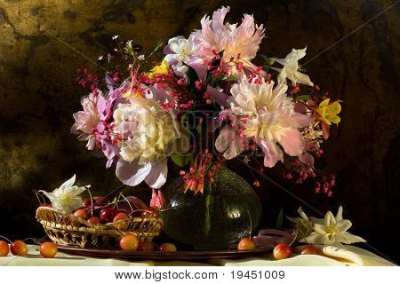  Stilleben Pfingstrosen, Aquilegia