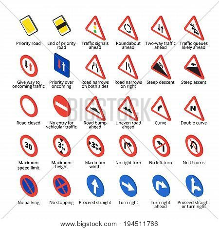 Isometric european traffic signs set. Vector road icons collection.