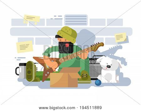 Street musician in underpass. Musical play, artist man person and guitar performer, vector illustration