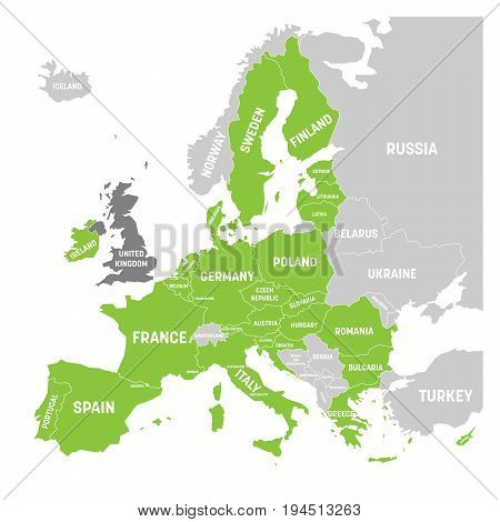 Map of Europe with green highlighted EU member states and United Kingdom in different color. Vector illustration. Simplified map of European Union.