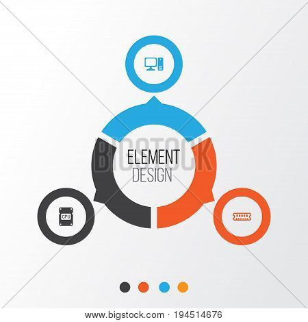 Computer Icons Set. Collection Of Desktop Computer, Cpu, Dynamic Memory And Other Elements. Also Includes Symbols Such As Processor, Computer, Memory.