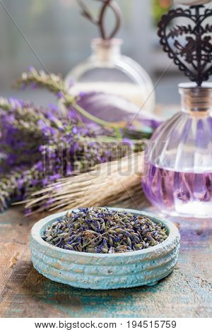 Nature cosmetics handmade preparation of essential oils perfume creams soaps from fresh and dried lavender flowers French artisanal boutique home style