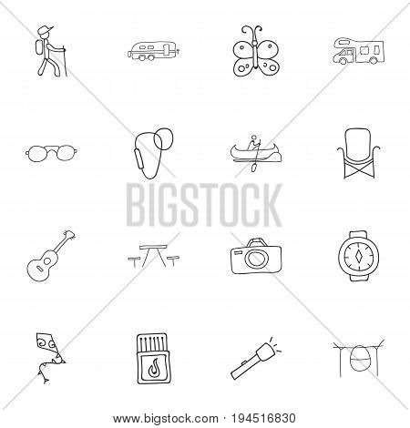 Set Of 16 Editable Trip Icons. Includes Symbols Such As Flammable Stick, Seat, Campfire Cooking And More. Can Be Used For Web, Mobile, UI And Infographic Design.