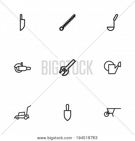 Set Of 9 Editable Apparatus Icons. Includes Symbols Such As Soup Ladle, Knife, Rotating Bit And More. Can Be Used For Web, Mobile, UI And Infographic Design.