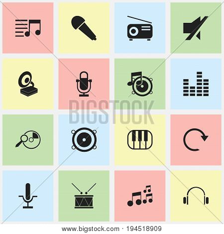 Set Of 16 Editable Music Icons. Includes Symbols Such As Phonograph, Bass Speakers, Melody Seeking And More. Can Be Used For Web, Mobile, UI And Infographic Design.