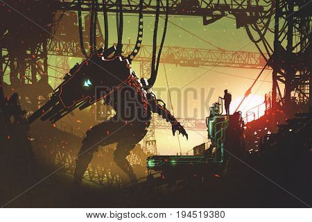 man operating the robot with remote control in industrial factory, digital art style, illustration painting