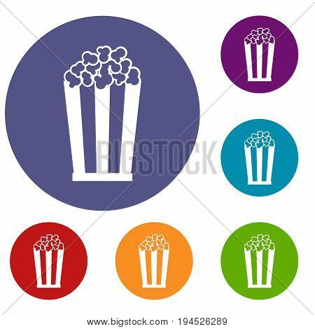 Popcorn in striped bucket icons set in flat circle reb, blue and green color for web