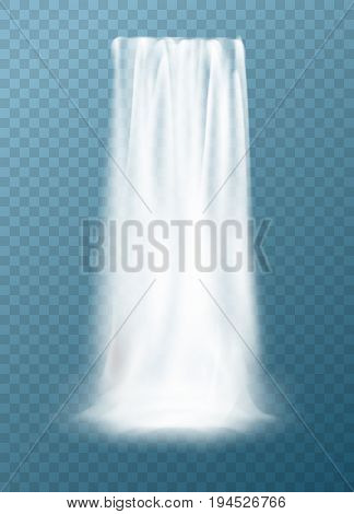Realistic vector waterfall design. Clear water element for landscape background. Beautiful waterfall isolated on transparent.