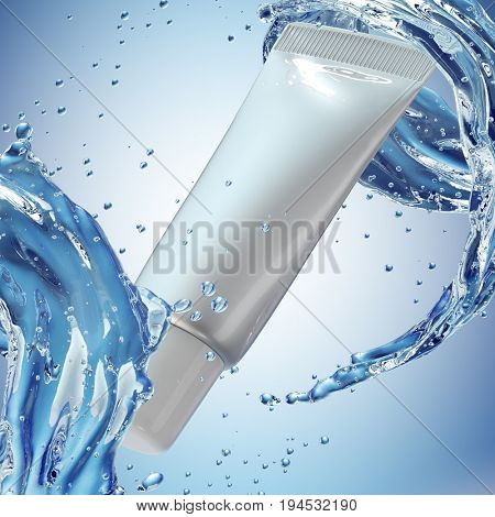 Cream bottle mock up in water splash on blue background. 3D illustration