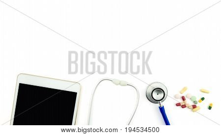Top View Of Doctor Desk With Digital Tablet With Empty Screen. Top View Of Medical Equipment, Medici