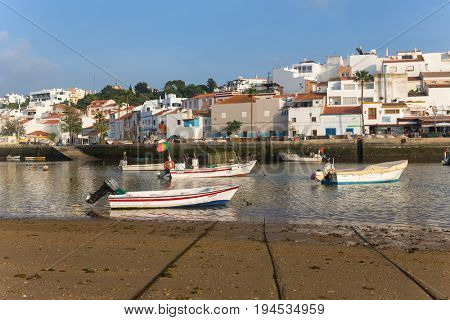 FERRAGUDO, PORTUGAL - APRIL 24, 2017: Picturesque view of Ferragudo fishing village in Algarve, Portugal