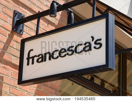 PERRYSBURG OH - JUN 25: A sign for the Francesca's store in Perrysburg OH is shown on June 25 2017. There are over 670 Francesca's stores.
