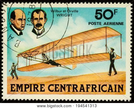 Moscow Russia - July 09 2017: A stamp printed in Central African Empire shows inventors of airplane brothers Wilbur and Orville Wright series 