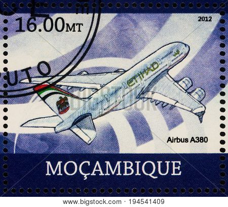 Moscow Russia - July 08 2017: A stamp printed in Mozambique shows passenger aircraft Airbus A380 series "Transport - World's Biggest Plane - Airbus A380" circa 2012