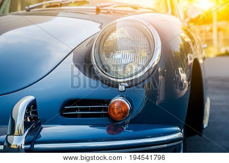 Novosibirsk Russia - June 16 2017: Porsche 356 close-up of the headlight. Photography of a classic car on a street in Novosibirsk