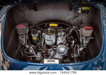 Novosibirsk Russia - June 16 2017: Porsche 356 close-up of the engine. Photography of a classic car on a street in Novosibirsk