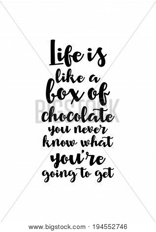 Quote typographical about chocolate. Graphic design lifestyle lettering. Life is like a box of chocolate, you never know what you're going to get.