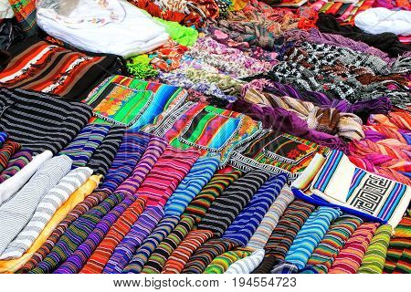 Display of traditional textile at the street market in Montevideo Uruguay. Montevideo is the capital and largest city of Uruguay.