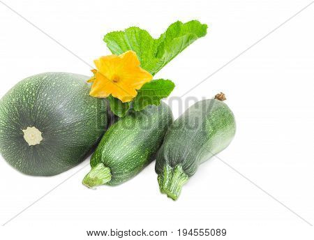 Three fresh dark green zucchini with leaf and flower on a light background
