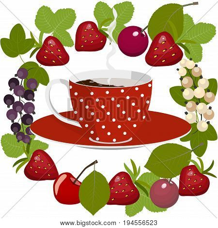 Red spotted cup of hot coffee with cream on a saucer in a circle of summer berries, strawberries, cherries and currants with leaves, isolated on white background, vector illustration