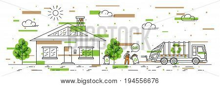 House and garbage truck with recycle sign vector illustration with colorful elements. Dustman carries out rubbish bin line art concept. Refuse collector removes garbage near by house graphic design.