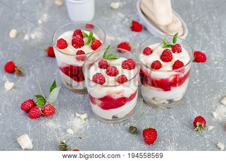 Tiramisu With Raspberry In Glasses On Grey Background. Three Portion. Italian Dessert