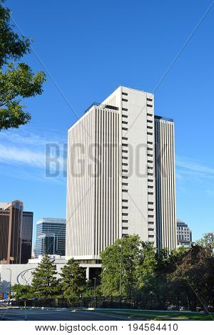 SALT LAKE CITY, UTAH - JUNE 29, 2017: LDS Office Building. Headquarters for the Church of Latter-day Saints, the 26th floor observation deck provides views of the Salt Lake Valley.