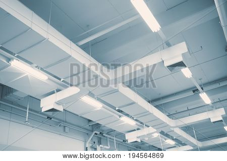 Industrial Airflow In Factory, Air Duct, Danger And The Cause Of Pneumonia In Office Man.