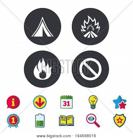 Tourist camping tent icon. Fire flame and stop prohibition sign symbols. Calendar, Information and Download signs. Stars, Award and Book icons. Light bulb, Shield and Search. Vector