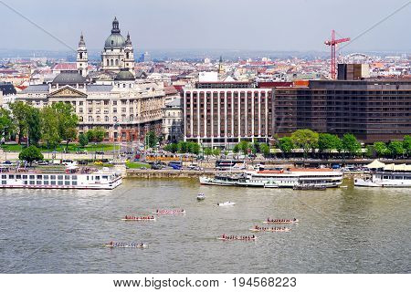 BUDAPEST HUNGARY - MAY 6: Boat race on Danube river on May 6 2017 in Budapest