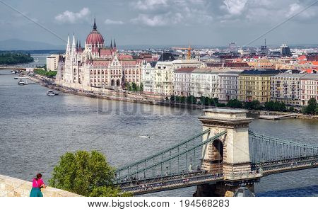 BUDAPEST HUNGARY - MAY 6: Hungarian parliament and chain bridge from Buda castle hill on May 6 2017 in Budapest