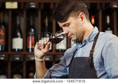 Sommelier smelling flavor of red wine in bokal on background of shelves with bottles in cellar. Male appreciating color, quality and sediments of drink. Professional degustation expert in winemaking.