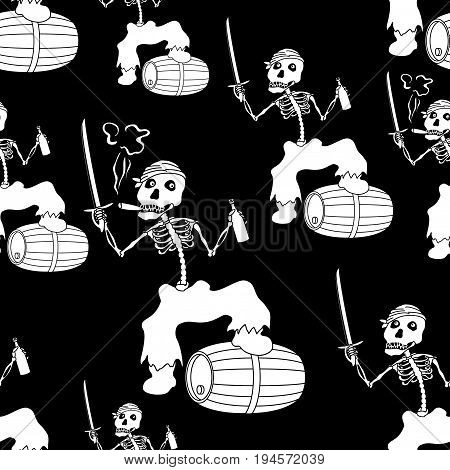 Seamless Wallpaper, Cartoon Evil Zombie Pirate Jolly Roger Skeleton with a Sword, Bottle of Wine and Barrel, White Silhouettes Isolated on Black Background. Vector