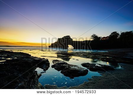 Tanah Lot Or Hindu Temple View In Evening Time After Sunset