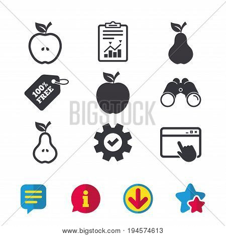 Fruits with leaf icons. Apple and Pear with seeds signs. Natural food symbol. Browser window, Report and Service signs. Binoculars, Information and Download icons. Stars and Chat. Vector