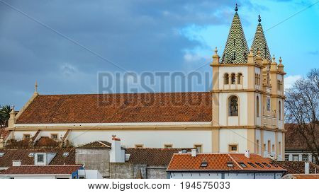 Long shot view of church in Angra do Heroismo with sky in the background, Island of Terceira in Azores, Portugal