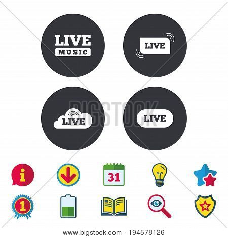 Live music icons. Karaoke or On air stream symbols. Cloud sign. Calendar, Information and Download signs. Stars, Award and Book icons. Light bulb, Shield and Search. Vector