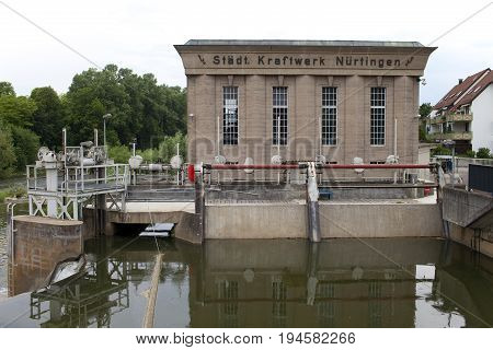 NURTINGEN GERMANY- MAY 31 2012: hydroelectric power station on the river Neckar in the Nurtingen in southern Germany