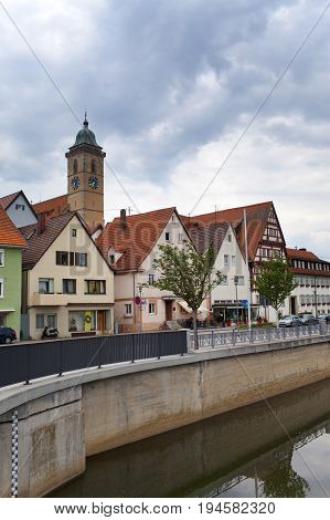 the embankment along the river Neckar in the Nurtingen in southern Germany