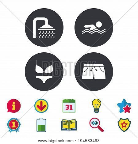 Swimming pool icons. Shower water drops and swimwear symbols. Human swims in sea waves sign. Trunks and women underwear. Calendar, Information and Download signs. Stars, Award and Book icons. Vector