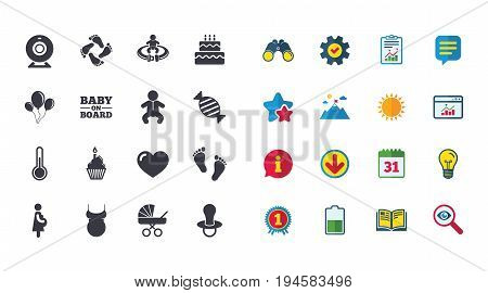 Set of Maternity, Pregnancy and Baby care icons. Video monitoring, Child and Pacifier signs. Footprint, Birthday cake and Newborn symbols. Calendar, Report and Browser window signs. Vector