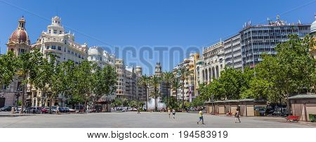 VALENCIA, SPAIN - JUNE 12, 2017: Panorama of the historic Plaza Ayuntamiento in the center of Valencia, Spain