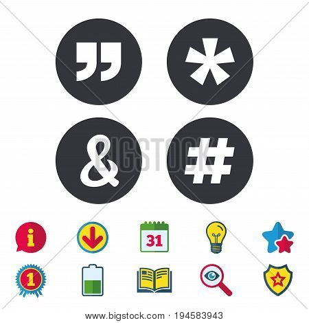 Quote, asterisk footnote icons. Hashtag social media and ampersand symbols. Programming logical operator AND sign. Calendar, Information and Download signs. Stars, Award and Book icons. Vector