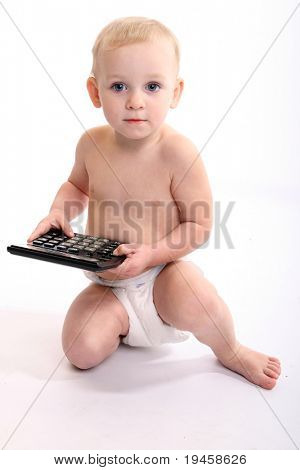 Little baby used calculator. Studio shot over white