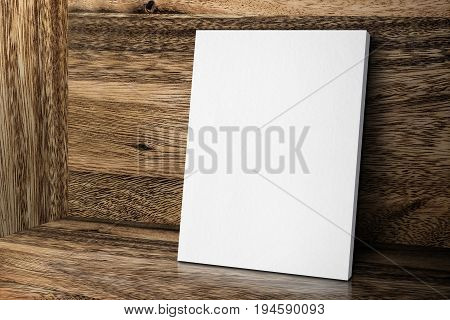 Blank White Canvas Frame Leaning At Wood Wall And Floor, Mock Up Template For Adding Your Design.